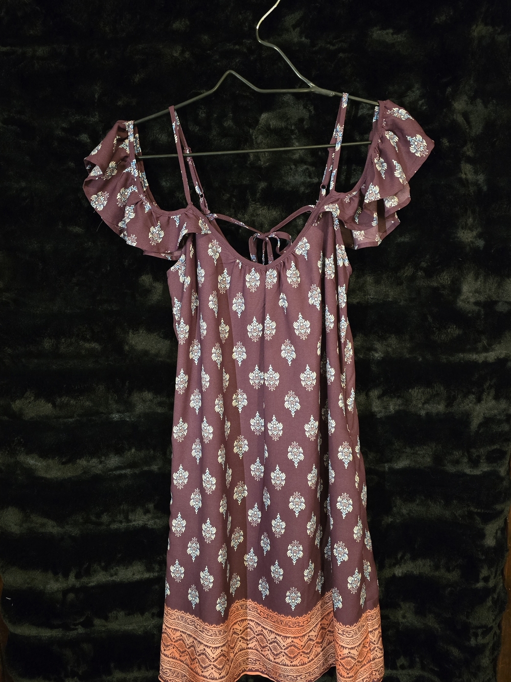 Xhilaration Plum Floral Ruffle Dress with Light Blue Motifs